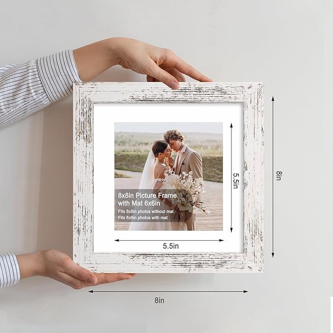 8x8 Picture Frames Set of 4, Made of Glass and Distressed White Wooden Frame - Display Picture 6x6 with Mat or 8 x 8 Without Mat, 8 by 8 Photo for Wall or Tabletop