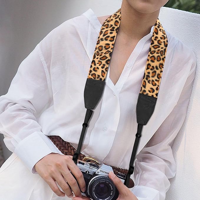 Padwa Lifestyle Leopard Velvet Camera Strap - 2" Double Layer Full Grain Cowhide Leather Head Camera Straps for Photographers,Unique Soft Velvet Fabric with Quick Release fits all Cameras