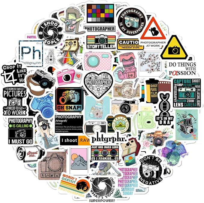 BulbaCraft 100Pcs Photography Stickers, Camera Stickers for Water Bottles, Laptop, Scrapbooking, Planners — Photographer Gifts Women, Camera Gifts for Photographers Women & Men
