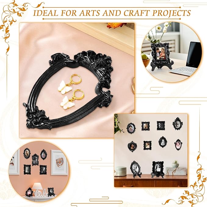Tatuo 20 Sets Mini Picture Frames and Display Stands Vintage Resin Picture Frame Resin Holder for Home Office Bedroom Living Room Wedding Decor (Black)