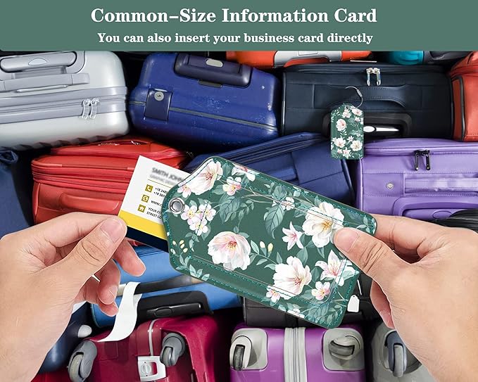 (Set of 2) Luggage Tag Leather Privacy Cover ID Label Address Card with Stainless Steel Loop, Travel Bag Tags Suitcase Labels, Alpine Green