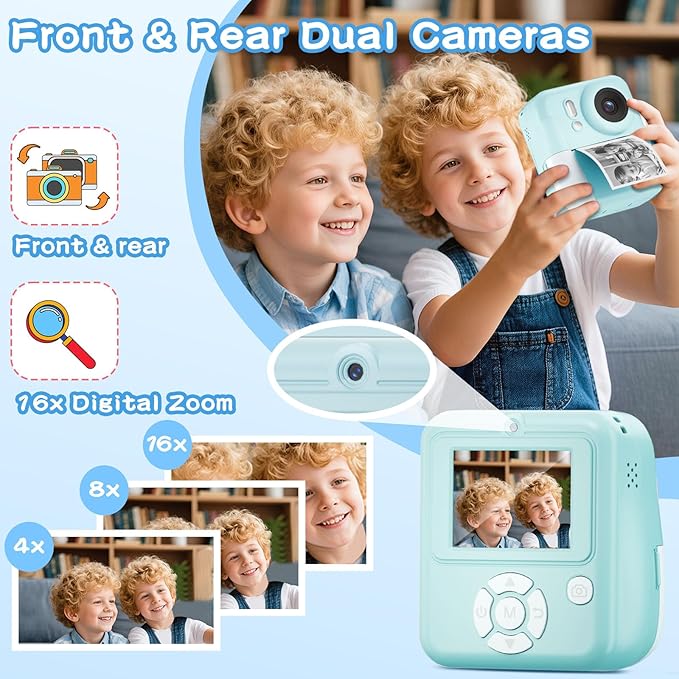 Kids Camera Instant Print Color Photos, Dual-Lens Instant Print Camera for Kids, Toddler Portable Travel Digital Camera Toy for 6 7 8 Year Old Boys Girls Christmas Birthday Gifts 64GB Card