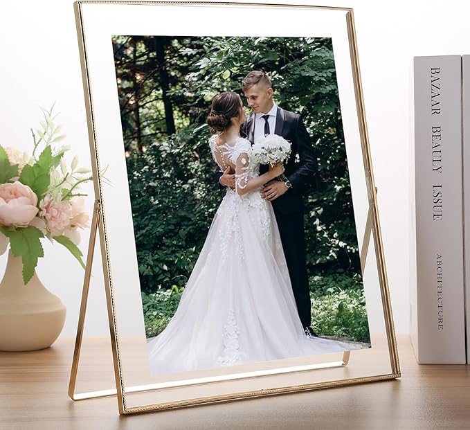 Gold 10x12'' Floating Frame 2pack For Photo Sizes(8.5x11'',8x10'',7x9''),Beautiful Metal Beaded Edge 8x10'' floating picture Frames, Adjustable Tabletop/Shelf Photo Frame