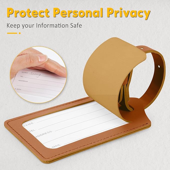 Travelambo 16 Pack Luggage Tags for Suitcases Privacy Protection Bag Tags Faux Leather Travel Accessories Essential, Yellowish Brown