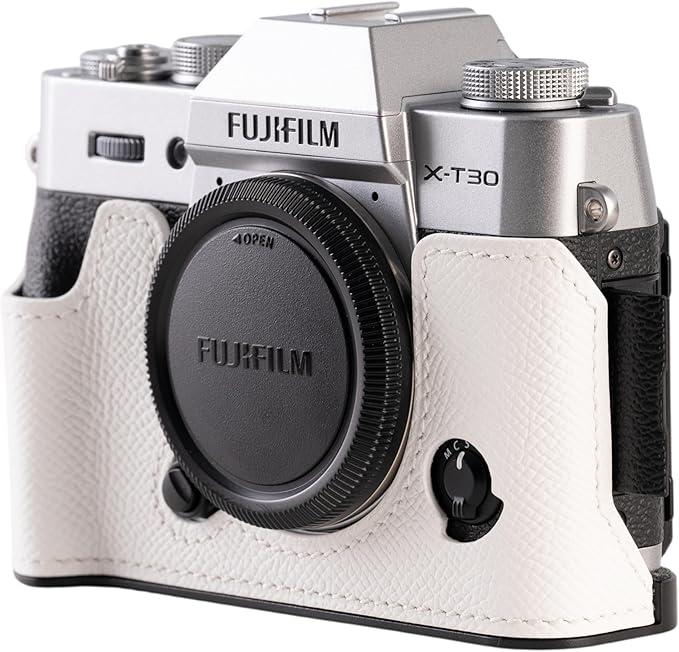 Handmade Genuine Leather Camera Half Case for FUJIFILM X-T30III /FUJIFILM X-T30III Camera Case/FUJIFILM X-T30III Case - Top Layer Cowhide Body + Metal Base Plate (White)