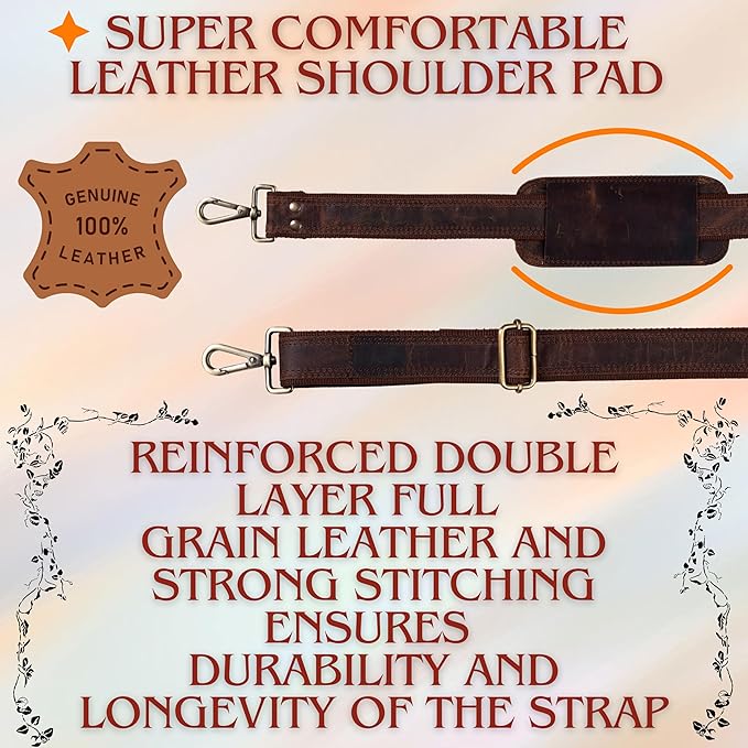 Bag Strap Replacement - Genuine Leather 57" Adjustable Shoulder Strap for Messenger, Laptop, Camera, Travel Bags
