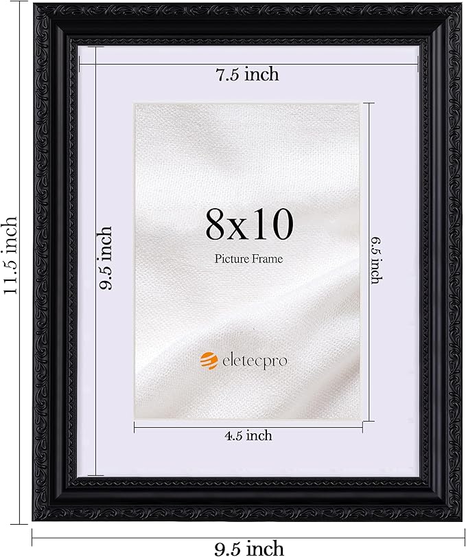 eletecpro 8x10 Picture Frames Set of 4, Vintage Photo Frame with Glass Cover, Black Frames 8 x 10 Display 5x7 Photo with Mat or 8x10 without Mat for Tabletop or Wall Decor, Black