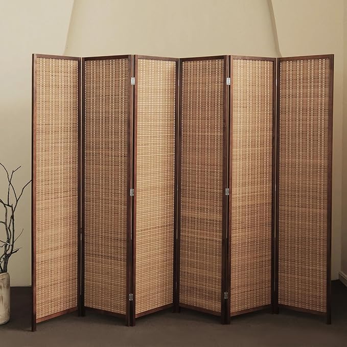 6 Panel Bamboo Room Divider and Folding Panel Screen,Bamboo Panel Divider for Room Separation,Brown,67" H x 92.1" W
