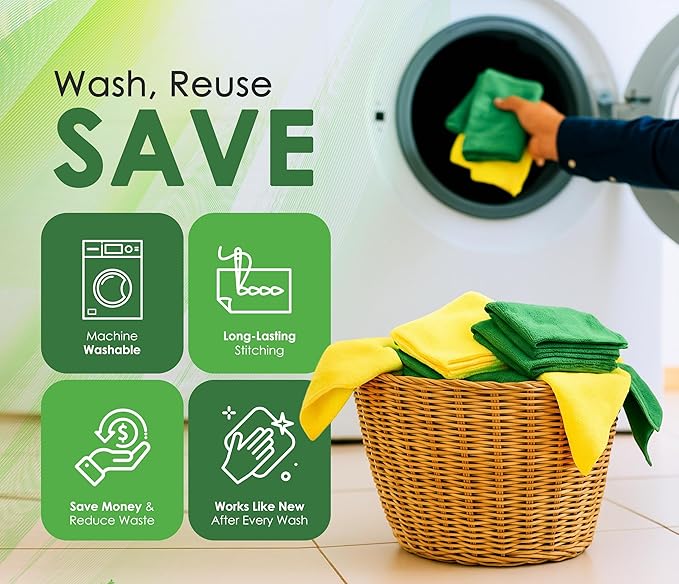 Microfiber Cleaning Cloths 16"x16" - Ultra Absorbent Cleaning Rags for Housekeeping - Reusable Microfiber Towels in Yellow and Green - Detailing Supplies for Kitchen Car Windows 5 Pack