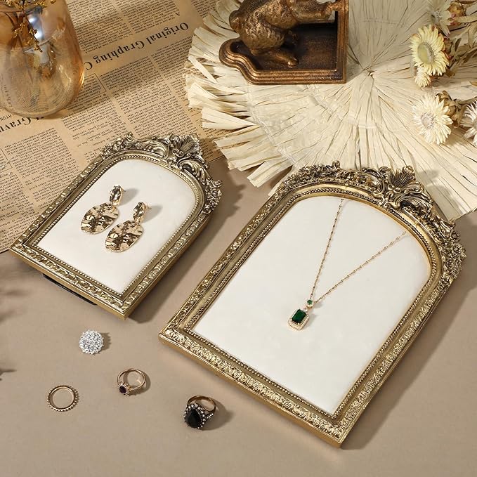2pcs Gold Resin Jewelry Display Stand,Vintage Jewelry Holder Photo Frame Earring Holder,Velvet Necklace Tray Resin Jewelry Photography Props or Jewelry and Collectibles