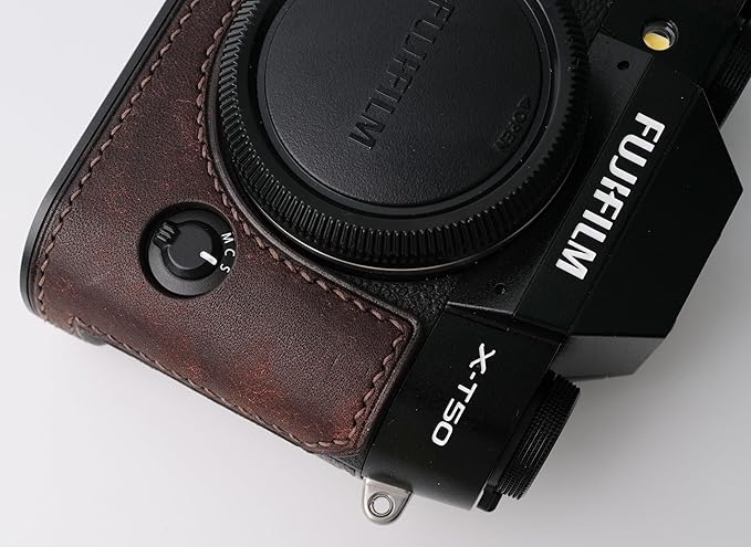 Handmade Genuine Leather Camera Half Case for Fujifilm X-T50 - Top Layer Cowhide Body + Metal Base Plate - Hand Shank Free Design (Dark Brown)