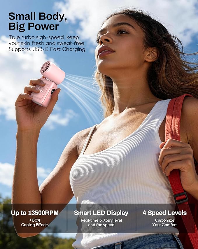 Portable Clip-On Mini Fan, Hands-Free, Turbo Personal Handheld Fans Rechargeable w/ 4 Wind & LED Display, Pocket Size Summer Cooling Essentials for Travel/EyeLash/Beach/Concert, Gifts for Women(Beige)