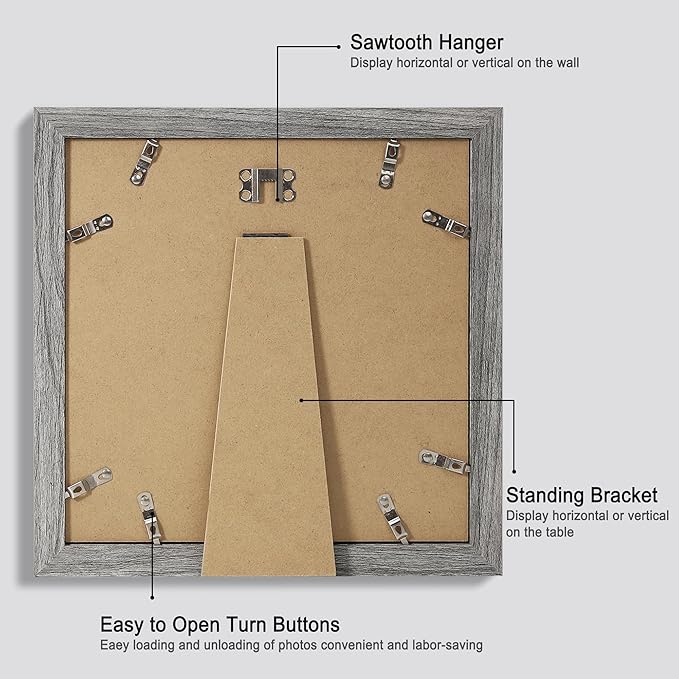 10x10 Picture Frame Set of 4, Made of Glass and Grey Wooden Frame - Display Picture 8x8 with Mat or 10 x 10 Without Mat, 10 by 10 Photo for Wall or Tabletop