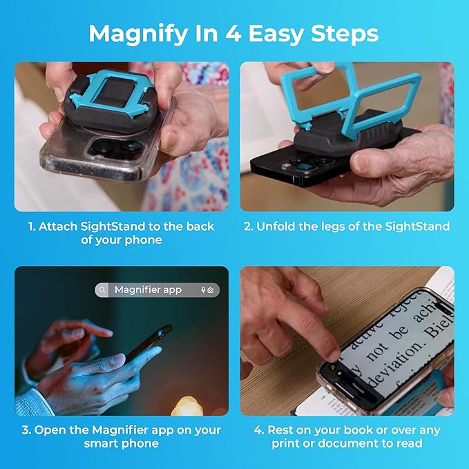 SightStand Phone Stand Magnifier with Clip-On Focus Lens – Universal Smartphone Holder for Reading Assistance – Sturdy Grip, Adjustable, Secure Hold, Durable, Works with Any Phone