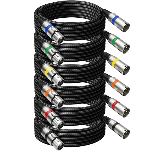 Professional 6 Pack 50FT XLR Cables, Noise Free and Long-Lasting Braided XLR Microphone Cable, All Copper Conductors Balanced Male to Female Mic Cable for Studio Monitor, Mixer, DMX, Colorful