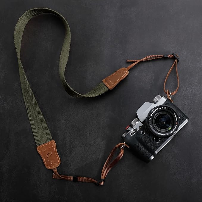 Olive Green Camera Strap,Double Layer top-grain Cowhide Ends,1.5"Wide Pure Cotton Woven Camera Strap,Adjustable Universal Neck & Shoulder Strap for All DSLR Cameras,Great Gift for Photographers
