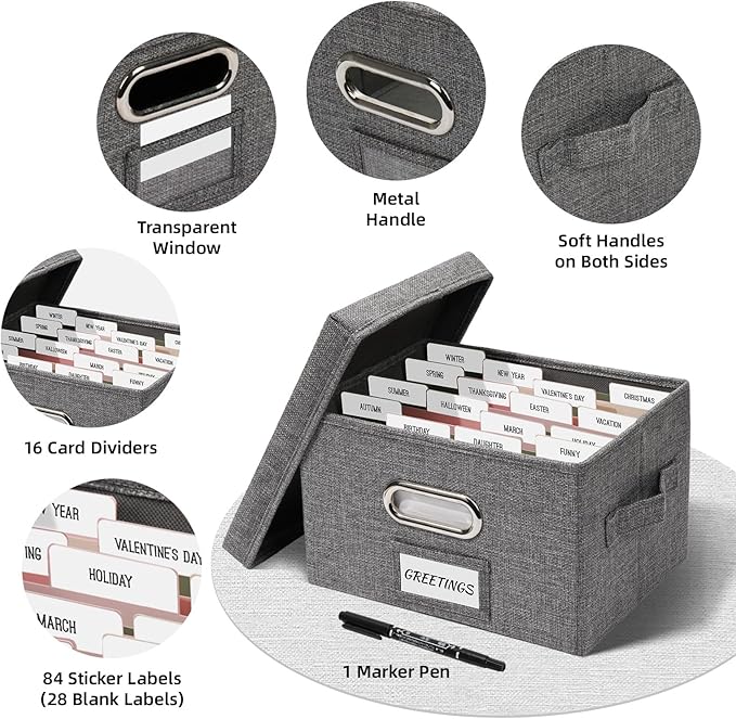 Hiwhy Greeting Card Storage Box, Linen Storage Box with 16 Adjustable Dividers, 84 Labels, 1 Marker Pen, Perfect for Organizing Greeting Cards, Envelopes, Photos 1 Pack Grey