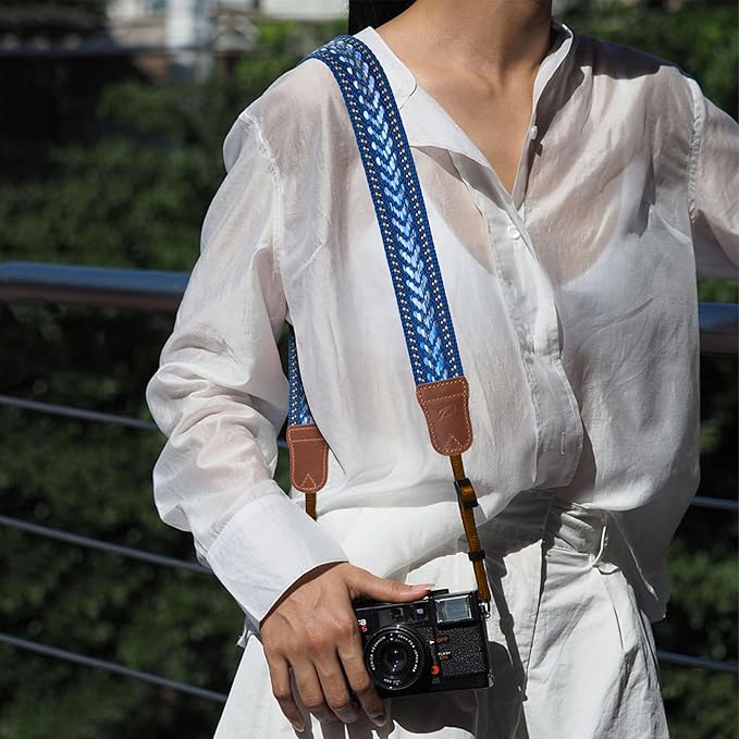 Padwa Lifestyle Speed Blue Camera Strap - 1.5" Soft Cotton Rope Weave Crazy Horse Cowhide Head Camera Straps for Photographers and All Cameras,Cute Adjustable Vintage Woven Strap for Adults & Kids