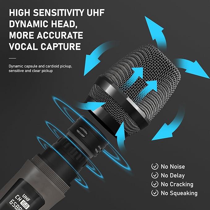 Wireless Microphones, Professional Dual Karaoke Microphones, Wireless Dynamic Microphone System Set with Rechargeable Receiver for Home Party, Speech, Wedding, Church, PA System