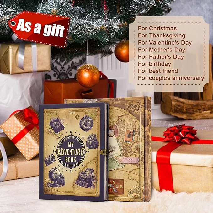 My Adventure Book Scrapbook 124 Pages Retro Style Embossed Photo Album,DIY Handmade Memory Travel Diary Photo Scrapbook for Couples,Anniversary,Wedding,Christmas Day Gifts(Blue)