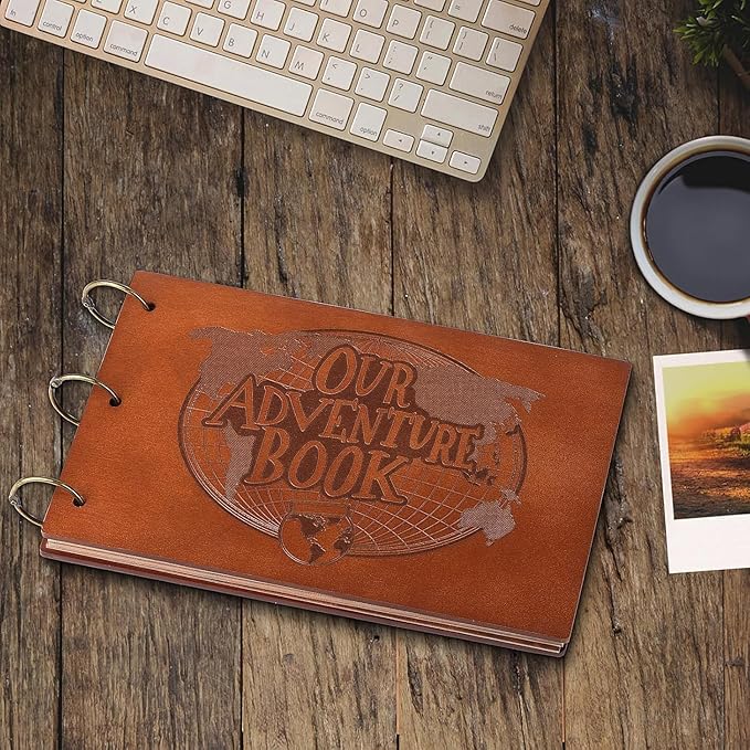 Adventure Book 3D Wooden Cover Scrapbook Photo Album 11.92 x 7.62"Timeless Memory Journal for Unforgettable Adventures&Precious Moments-Ideal for Anniversaries,Travel&Couple Gifts (3D Wooden Letter)