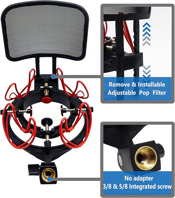Microphone Shock Mount with Pop Filter Universal Shock Stand for Microphones Size at 21-62mm Anti-Vibration Mic Holder Clip Compatible with AT2020 MXL 990 770 Rode NT1-A Neumann 103(Red)