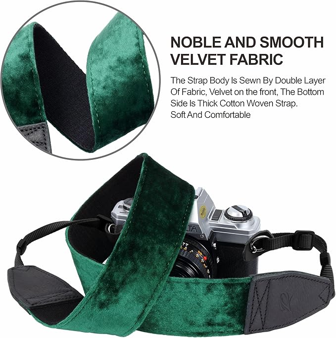 Padwa Lifestyle Green Velvet Camera Strap - 2" Double Layer Full Grain Cowhide Leather Head Camera Straps for Photographers,Unique Soft Velvet Fabric with Quick Release fits all Cameras