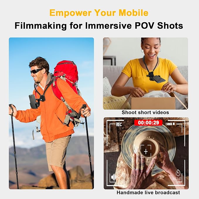 Neck Mount for Phones, Hands Free POV/Vlog Filming, Neck Cell Phone Holder for Recording Cooking Riding Outdoor, Content Creator Essentials Compatible with iPhone Android Smartphones (Black)