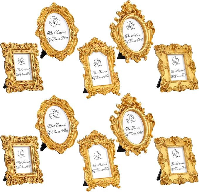 Maitys 10 Pcs Mini Picture Vintage Frames with Stands Tiny Antique Photo Baroque Ornate Resin Oval Frame Table Top Display Home Wedding Decor (Gold)