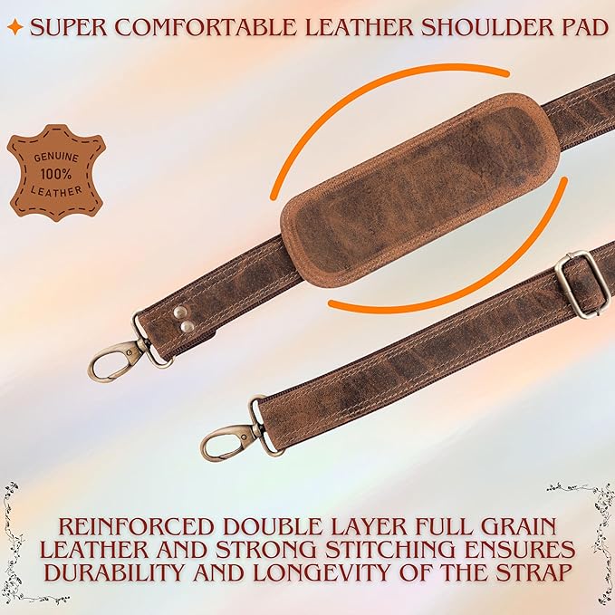 Bag Strap Replacement - Genuine Leather 57" Adjustable Shoulder Strap for Messenger, Laptop, Camera, Travel Bags