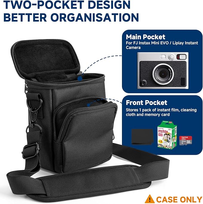 Protective Travel Case Compatible with Fujifilm Instax Mini EVO/LIPLAY/LiPlay+ Hybrid Instant Camera - Portable Storage Bag with Adjustable Strap & Belt Loop, Black (Case Only)‌