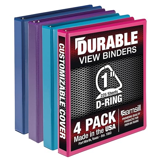Samsill Durable 1 inch 3 Ring Binder, Made in USA, D Ring Binder, FSC 100% Recycled Chipboard, Fashion Assortment, 4 Pack