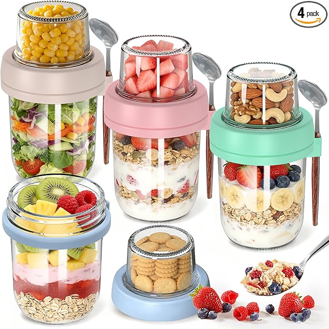 4 Pack Overnight Oats Containers with Lids and Spoons, 20 oz (16+4) Overnight Oats Jars with Dry and Wet Separation for Oatmeal Cereal Fruit Salad Yogurt, Dual-Layer Yogurt Parfait Cups with Lids