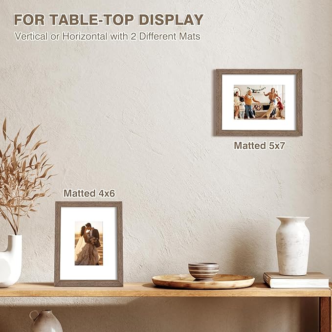 KINLINK 8x10 Picture Frame Brown Wood, Solid Wood Frames with Acrylic Plexiglass for Pictures 4x6/5x7 with Mat or 8x10 without Mat, Tabletop and Wall Display Photo Frame, Set of 4