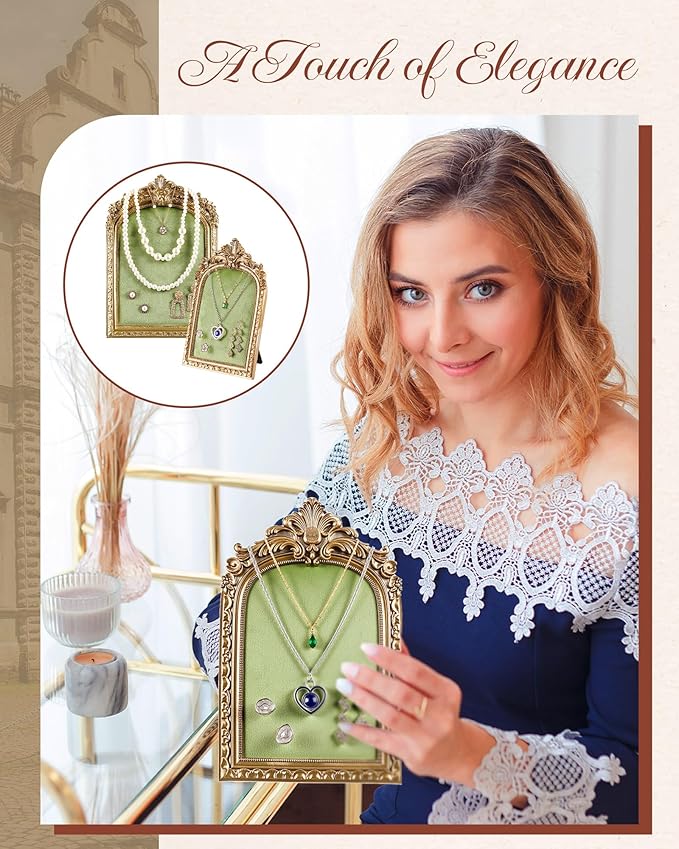 2 Pcs Gold Jewelry Display Stand Vintage Necklace Organizer Ring Holder Earring Tray Resin Jewelry Photography Props Frame with Velvet Backing for Gifts(Green,Large,Small,Elegant)
