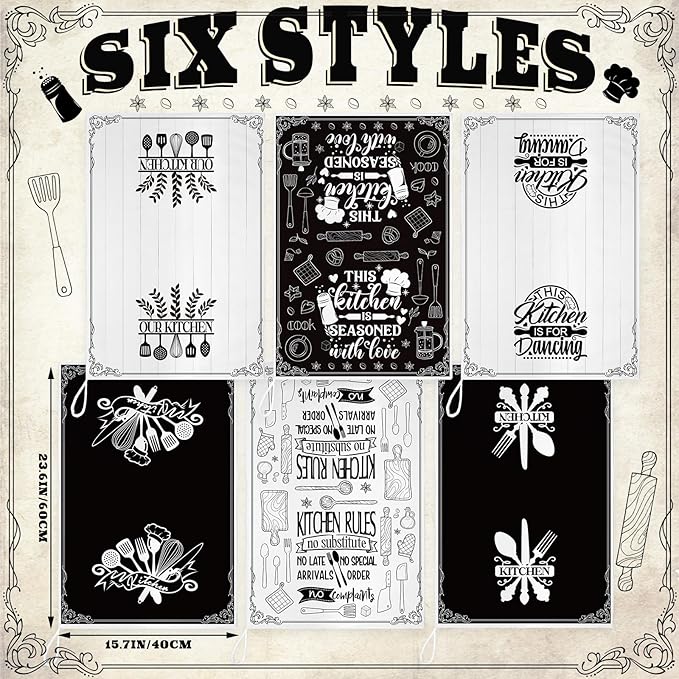 6 Pcs Kitchen Towels Decorative Set Chicken Rooster Dish Hand Towels Farmhouse Funny Quotes Chef Prints Tea Cloths for Home Bathroom Kitchen Decor Gifts(Black, White,Utensils)