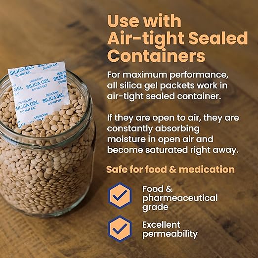 Wallaby 5 gram (100 Packets) Food Safe Pure White Silica Gel Desiccant Dehumidifier Packs - Rechargeable & Coated Moisture Absorbers - Protects Against Moisture Damage - (Packed in 20x Sets of 5)