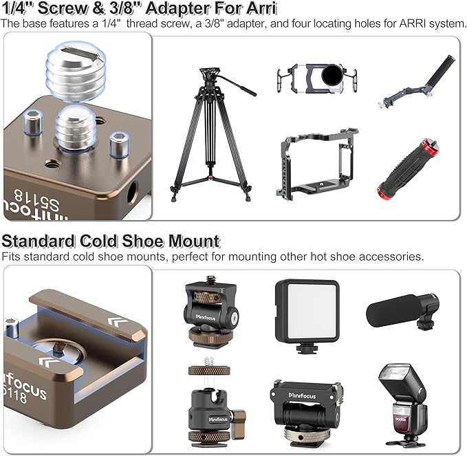 MINIFOCUS Cold Shoe Mount(4 Pcs), 1/4"-20 Screw with Locating Pins Compatible for ARRI Standard Mounting Points, with 3/8"-16 Adapter for Camera Cage Flash LED Monitor Microphone
