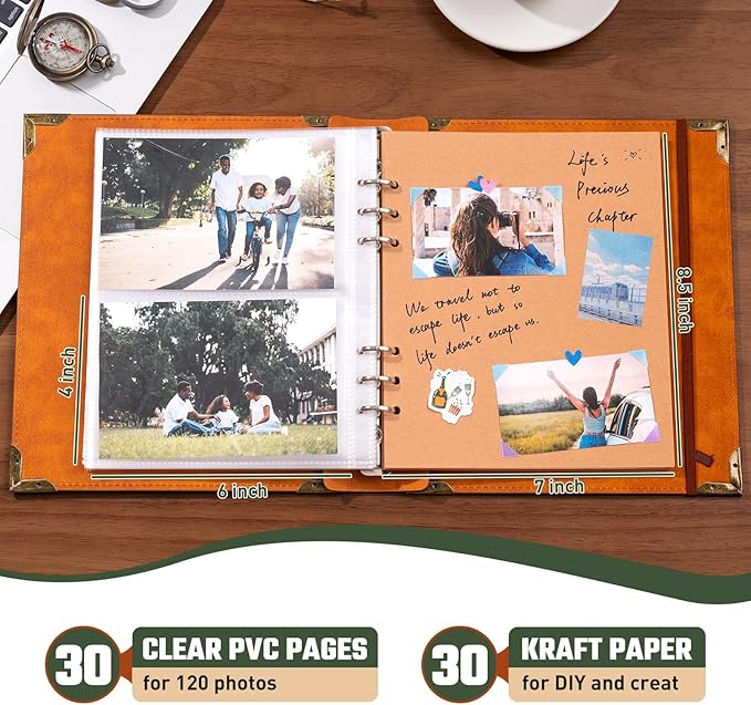 Vintage Photo Album 4x6 Leather Scrapbook Album with Writing Space 120 Photos & 30 Sheets DIY Paper Memory Albums Book for Anniversary Travel Vacation Family Tree, Green