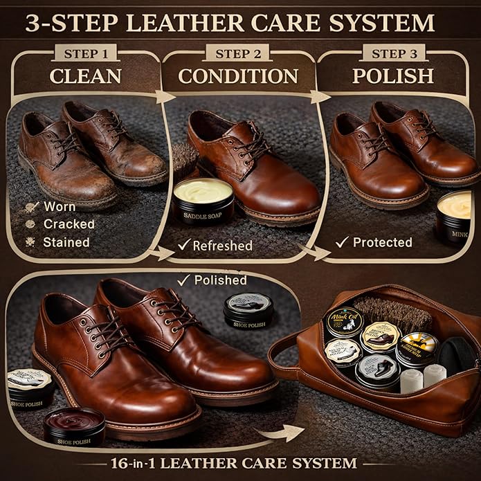 Shoe Care Kit – 16-in-1 Leather Shoe Polish, Cleaning & Conditioning Kit with Saddle Soap & Mink Oil – Black/Brown/Neutral Shoe Polish, 3 Horsehair Brushes – Luxury Leather Bag – Gift for Men & Women