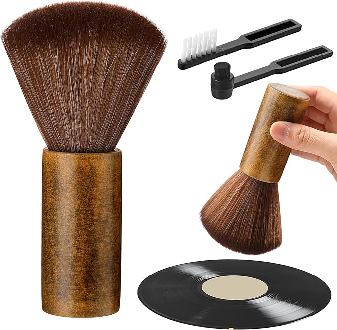 3 Pcs Vinyl Record Cleaning Brush Wooden Anti Static Dust Record Vinyl Cleaner Kit Player Accessories Gift for Music Lovers(Dark Brown)