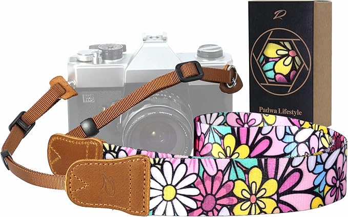 Padwa Lifestyle Camera Strap - 1.5" Soft Nylon Print Crazy Horse Cowhide Head Camera Straps for Photographers and All Cameras,Cute Adjustable Vintage Woven Strap for Adults & Kids(Sunshine Flower)
