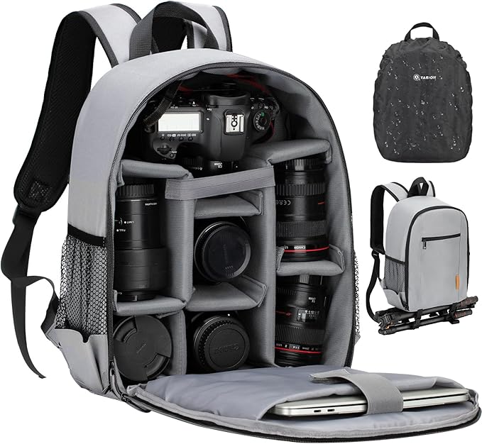 TARION Professional Camera Backpack Case with Laptop Compartment Waterproof Rain Cover for DSLR SLR Mirrorless Camera Lens Tripod Photography Backpack for Women Men Grey TB-S