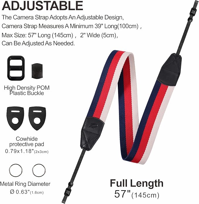 Padwa Lifestyle Stripes Camera Strap - 2" Wide Genuine Leather Ends Camera Straps for Photographers, Vintage Blue, Red, and white Stripes Nylon Strap with Camera Quick Release fits All Cameras