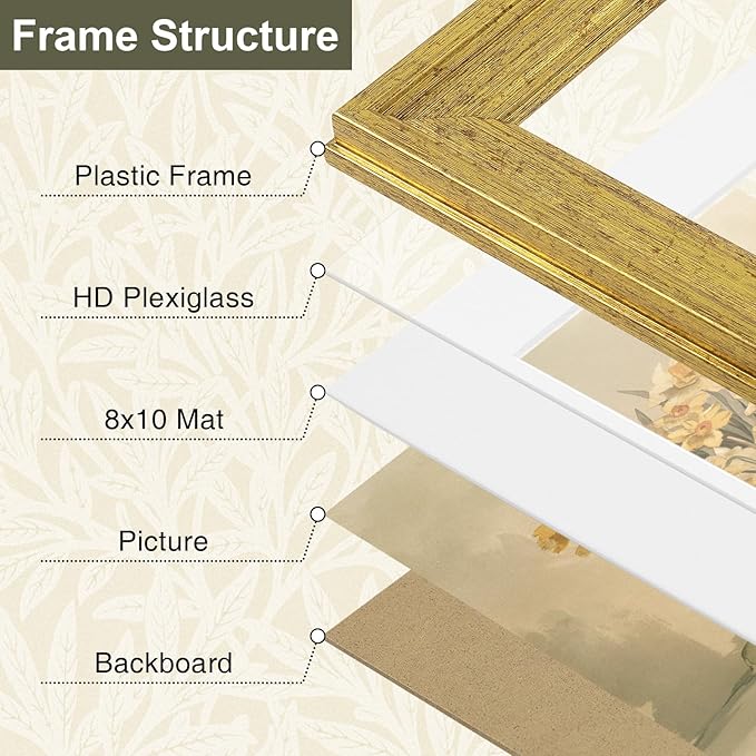 Vittanly 11x14 Picture Frame Set of 4, Vintage Photo Frame for Wall Mount, Display 8x10 Pictures with Mat or 11x14 without Mat, Rustic Farmhouse Home Decor, Gold