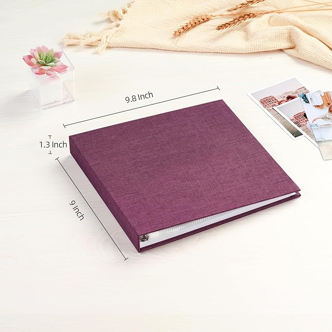 Mublalbum 8x8 Inch Small 3 Ring DIY Scrapbook Photo Album with 20 Plastic Sleeves 40 Pages Linen Cover Folder Binder for Baby Travel Wedding Anniversary and DIY Projects (Purple)