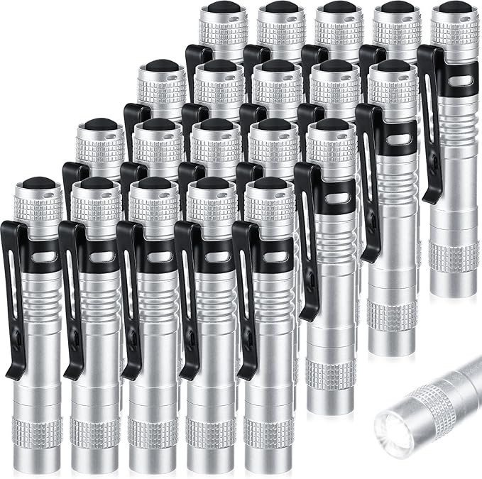 Hortsun 20 Pcs Mini Pen Light Flashlights Christmas Gifts for Men Pocket Flashlights Pen with Clip Small LED Handheld Slim Torches Without Battery(3.54 Inch,Silver White)
