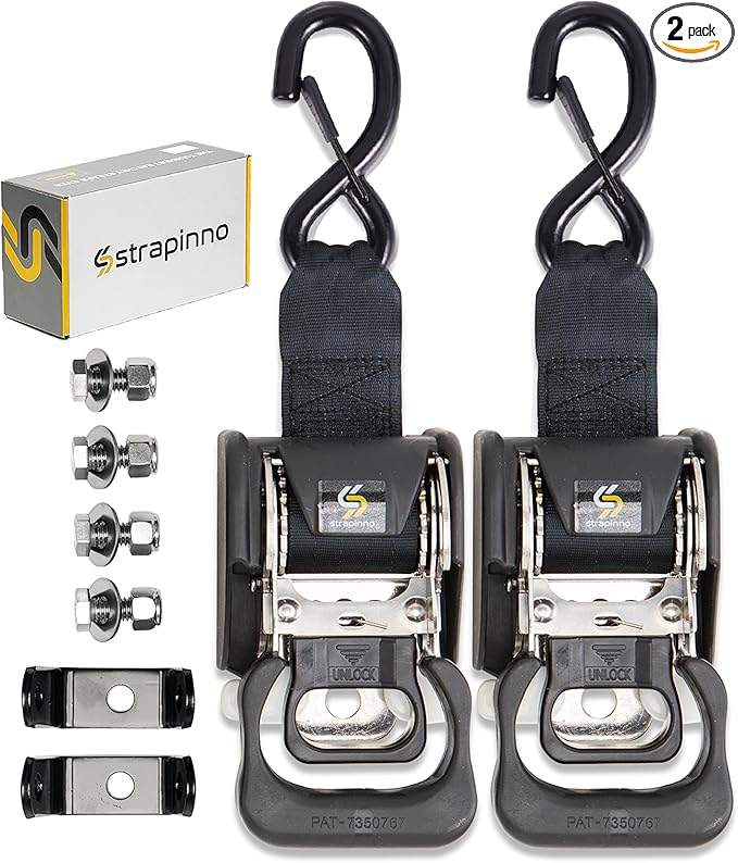 Strapinno 2PCS Stainless Steel Retractable Ratchet Straps (1 7/8 in x 4 ft) Transom Tie Downs for Boat Trailer - Extra Mounting Brackets & Bolt Set, Boat Accessories, Break Strength 1,650LB/750KG