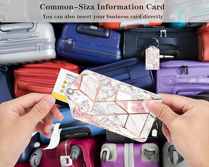 (Set of 2) Luggage Tag Leather Privacy Cover ID Label Address Card with Stainless Steel Loop, Travel Bag Tags Suitcase Labels,Gold Pink Marble