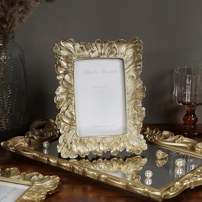 Cuspin Vintage 4x6 Picture Frame, Gold Frames Palm Leaves Textured Hand-Crafted Resin with Glass Front, Elegant Retro Photo Frame for Wall Hanging and Tabletop Display Home Decor